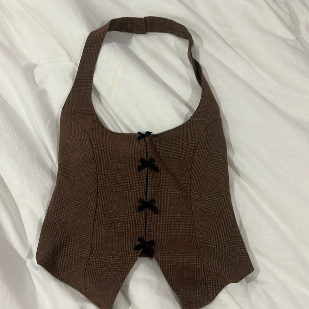 Edikted Palmer Plaid Bow Halter Top XS